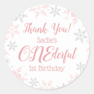 Thank You Winter ONEderland Pink Silver Snowflakes Classic Round Sticker