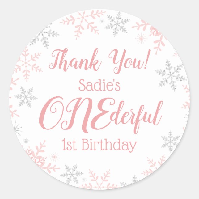 Thank You Winter ONEderland Pink Silver Snowflakes Classic Round Sticker (Front)