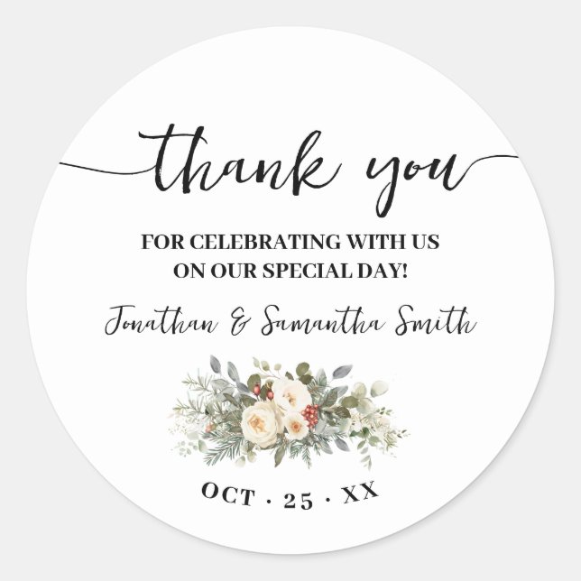 Thank You Winter White Flowers Wedding Classic Round Sticker (Front)