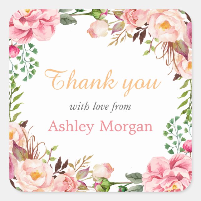 Thank You with Love Romantic Chic Floral Wreath Square Sticker (Front)