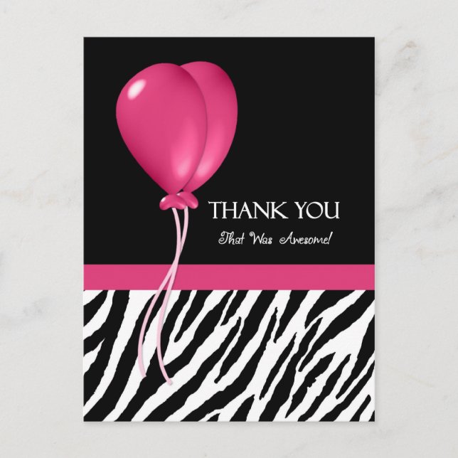 Thank You With Zebra Print and Pink Party Balloons Postcard (Front)