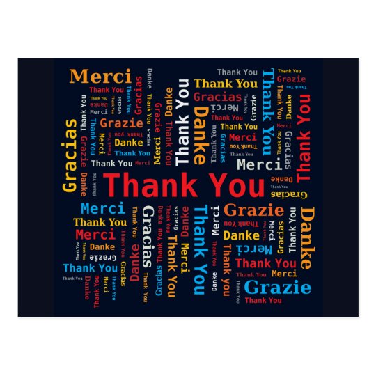 Thank You Word Cloud 5 Languages Black Background Postcard