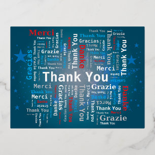 Thank You Word Cloud - 5 Languages - Deep Blue Foil Holiday Postcard