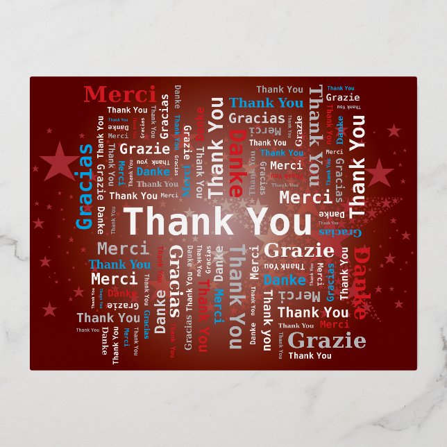 Thank You Word Cloud - 5 Languages - Red Foil Holiday Postcard (Front)
