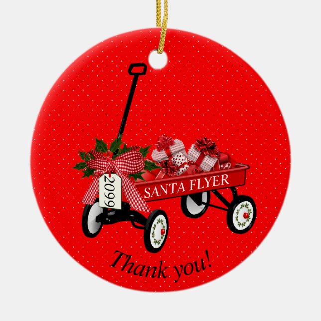 "Thank you!" Year Red Wagon Christmas Ornament (Front)