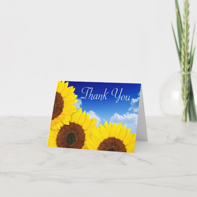 Thank You Yellow Sunflower Floral Blue Notecard (Front)