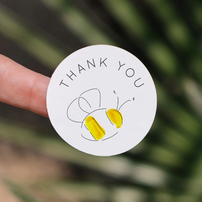 Thank You Yellow Watercolor Bumble Bee Classic Round Sticker (Watercolor bee Thank You baby shower sticker.)