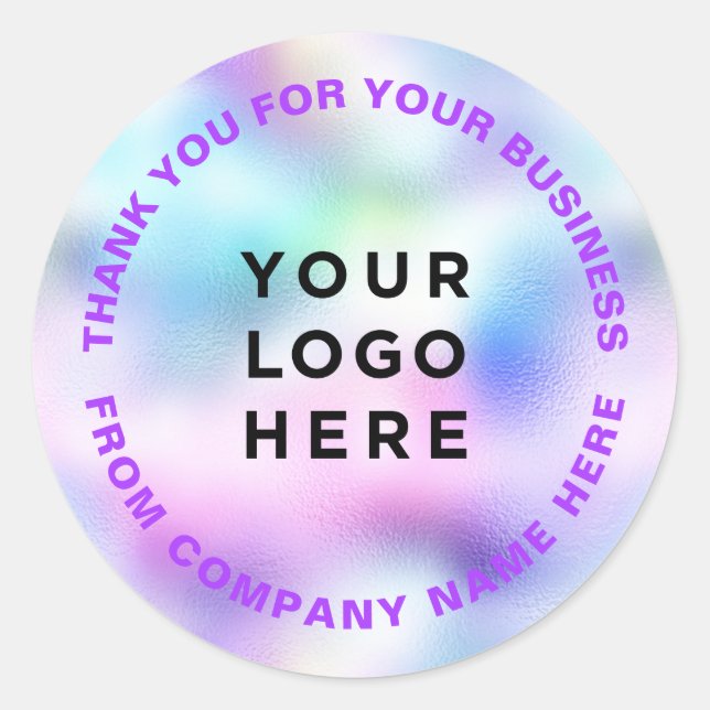 Thank you Your Business Logo purple Holographic Classic Round Sticker (Front)