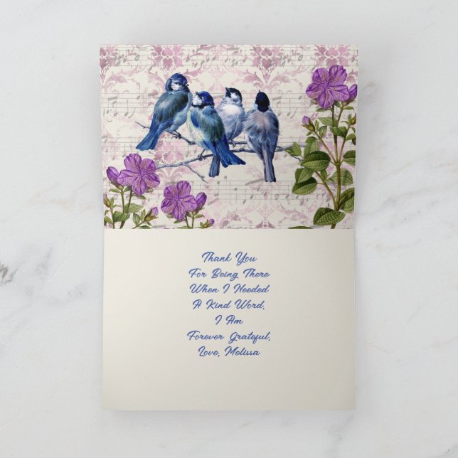 Thank You, Your Text, Vintage Blue Birds & Flowers You Card (Inside)