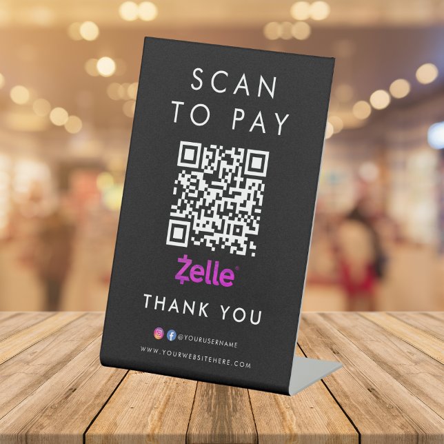 Thank you Zelle Modern Scan to Pay QR Code Black Pedestal Sign (Creator Uploaded)