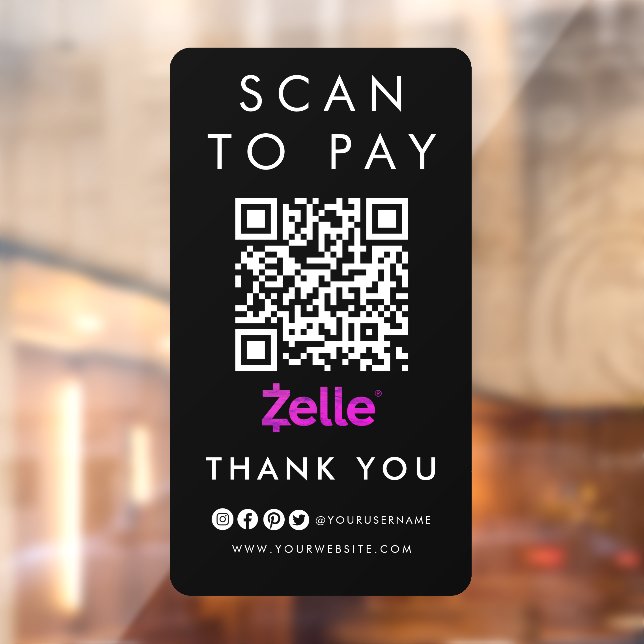 Thank you Zelle Scan to Pay QR Code Modern Black Window Cling (Sheet 2)