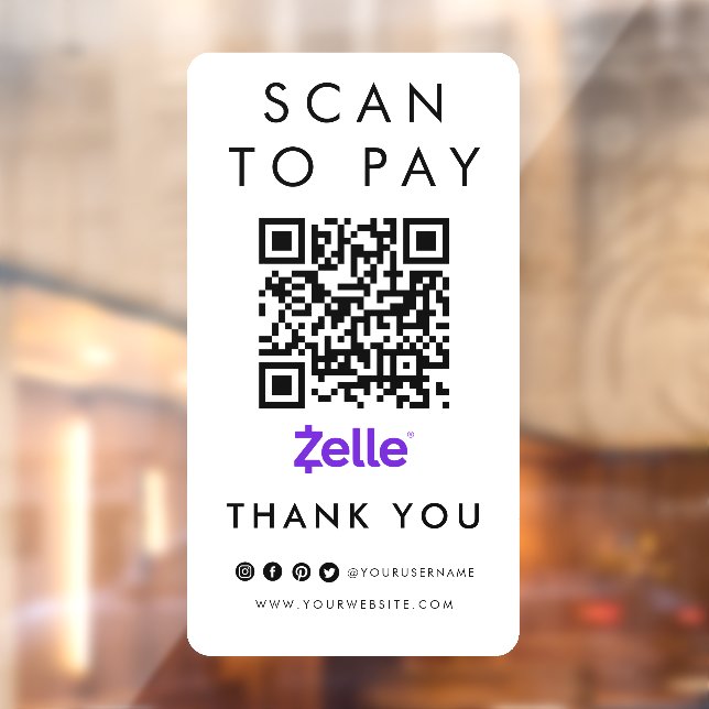 Thank you Zelle Scan to Pay QR Code Modern White Window Cling (Sheet 2)