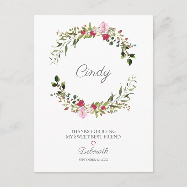 Thank Your Bestfriends Floral Wreath in Red & Pink Postcard (Front)