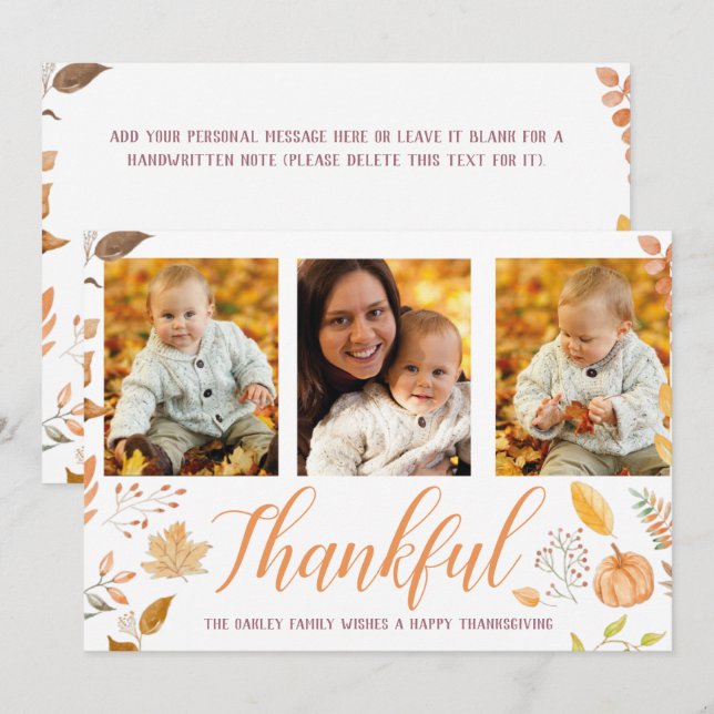 "Thankful" 3 Photos Fall Floral Harvest Holiday Card (Front/Back)