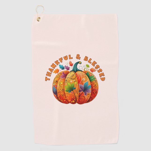 Thankful and Blessed Autumn Pumpkin Golf Towel (Front)