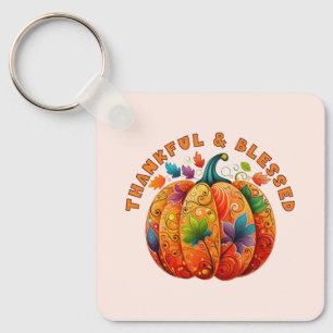 Thankful and Blessed Autumn Pumpkin Key Ring