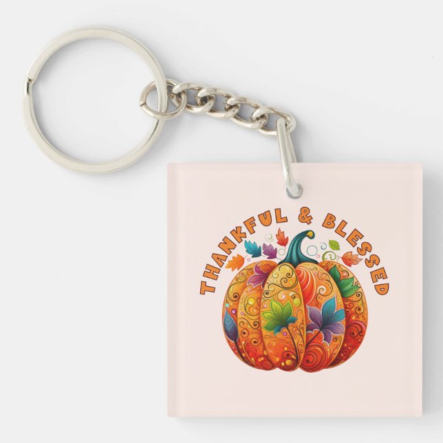 Thankful and Blessed Autumn Pumpkin Key Ring (Front)