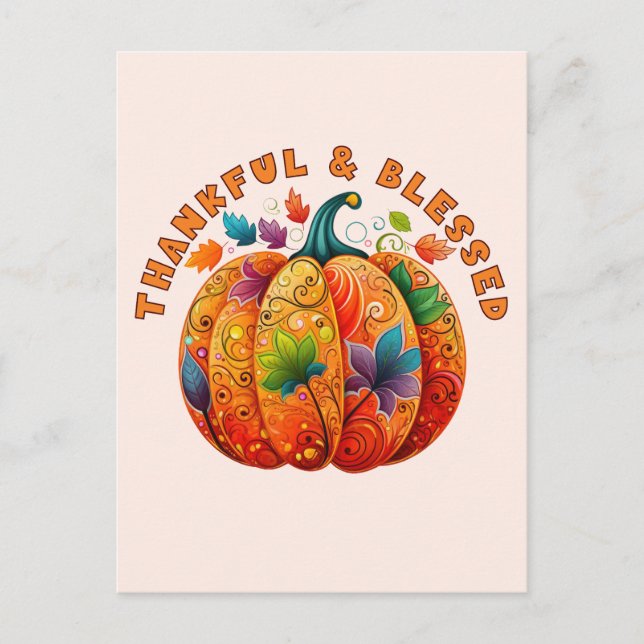 Thankful and Blessed Autumn Pumpkin Postcard (Front)