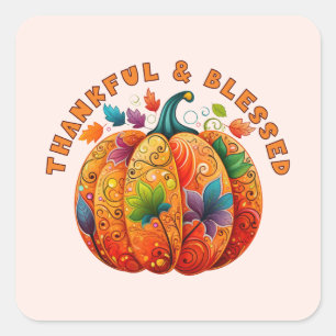 Thankful and Blessed Autumn Pumpkin Square Sticker