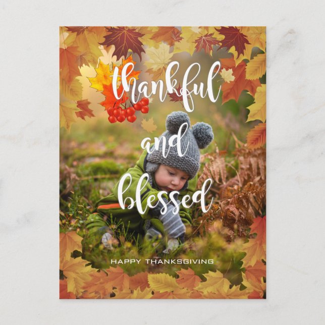 Thankful and Blessed Autumn Thanksgiving Photo Holiday Postcard (Front)