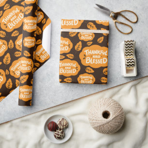Thankful and Blessed Fall Orange Leaves Dark Brown Wrapping Paper