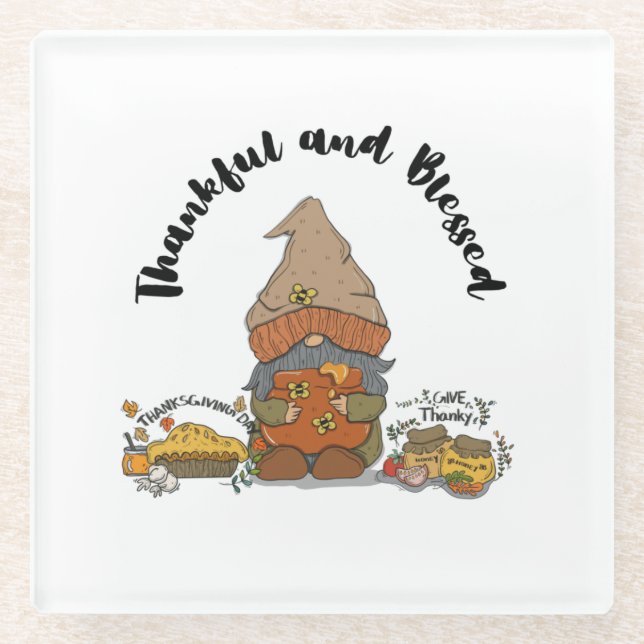 Thankful and Blessed Gnome Glass Coaster (Front)
