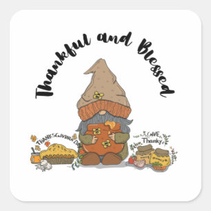 "Thankful and Blessed" Gnome with Honey and Pie Square Sticker