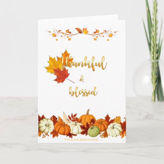 Thankful and Blessed Golden Script Thanksgiving Holiday Card (Front)