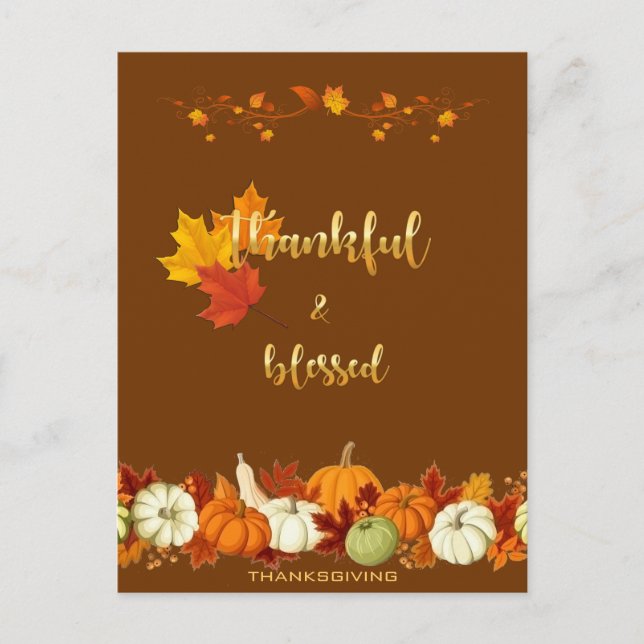 Thankful and Blessed Golden Script Thanksgiving Holiday Postcard (Front)