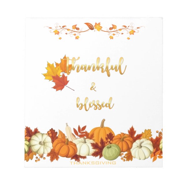 Thankful and Blessed Golden Script Thanksgiving Notepad (Front)