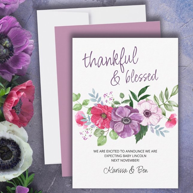 Thankful and Blessed Purple Pink Flowers Pregnancy Announcement (Creator Uploaded)