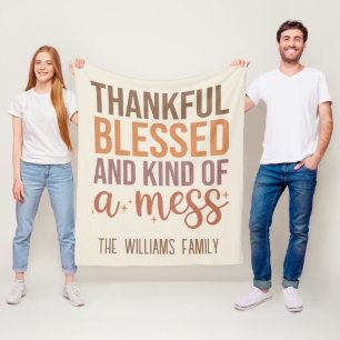 Thankful and Blessed Text Cosy Fall Autumn Fleece Blanket
