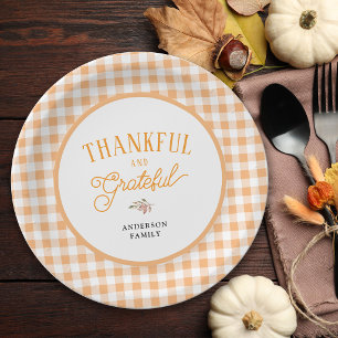 Thankful And Grateful Orange Gingham Thanksgiving Paper Plate