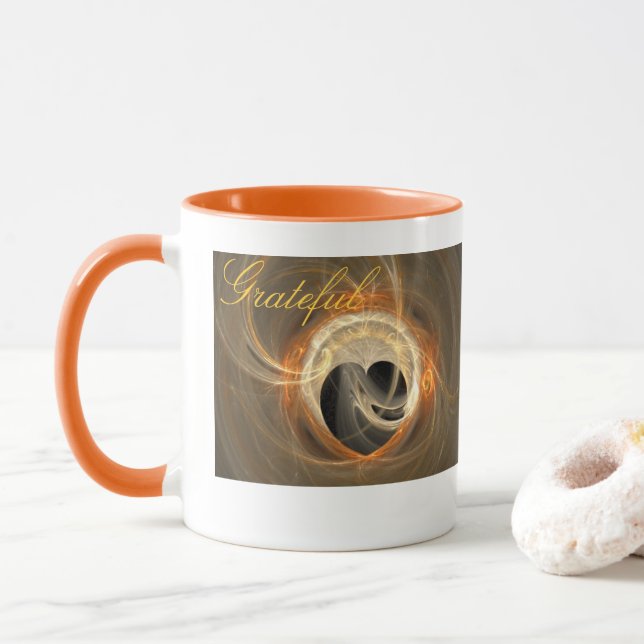 Thankful and Grateful Text Fractal Heart Design Mug (With Donut)