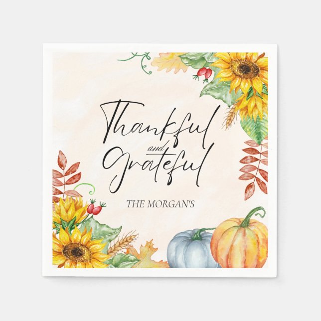Thankful and Grateful Watercolor Pumpkin  Napkin (Front)