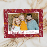 Thankful Autumn Foliage Photo Thanksgiving Card<br><div class="desc">Elegant Thanksgiving photo card featuring your favorite family photo framed in white with a background of orange, white, and burgundy fall foliage. "Thankful" is featured in a trendy modern burgundy font style. Personalize the front of the card by adding your names, the year, or other text. The modern Thanksgiving card...</div>