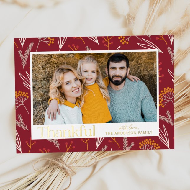 Thankful Autumn Foliage Photo Thanksgiving Foil Holiday Card (Creator Uploaded)