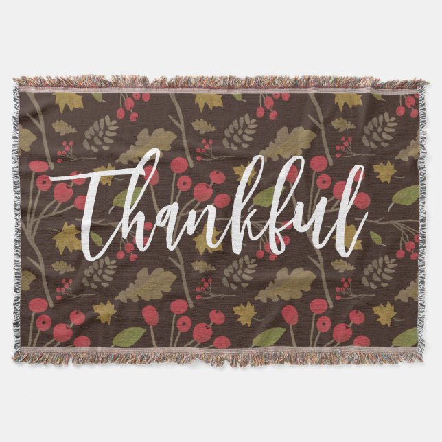 Thankful Autumn leaves foliage on brown Throw Blanket (Front)