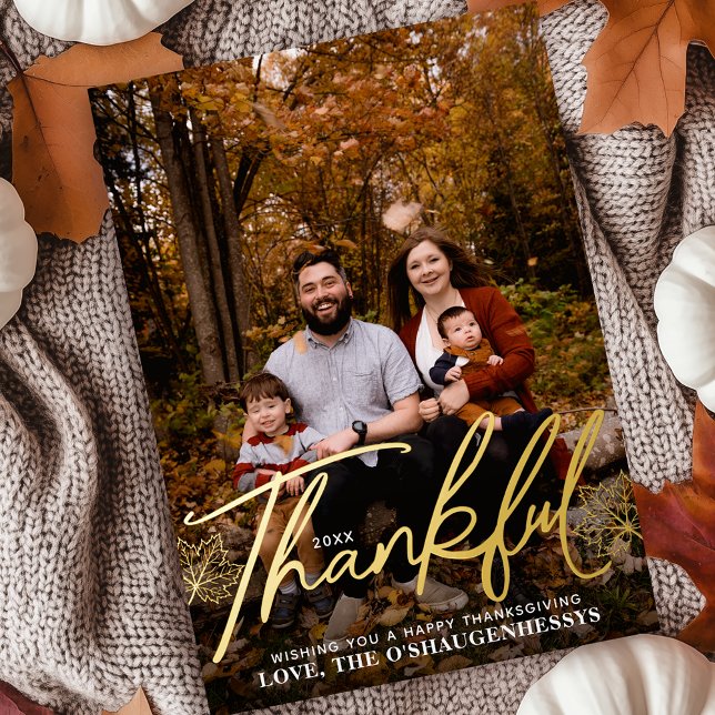 Thankful Autumn Leaves Thanksgiving Family Photo Foil Holiday Card (Creator Uploaded)