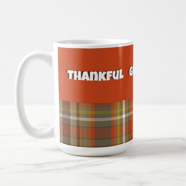Thankful Autumn Plaid Brown Orange Grey Gold White Coffee Mug (Left)