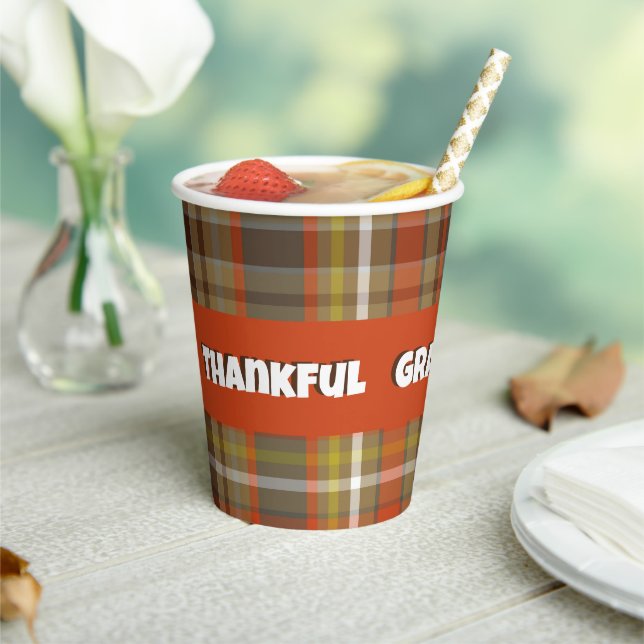 Thankful Autumn Plaid Brown Orange Grey Gold White Paper Cups (Insitu)