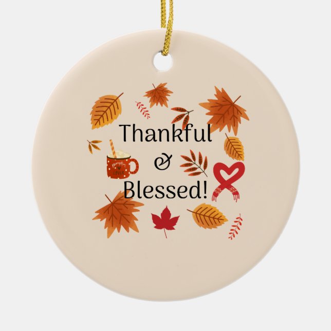 Thankful & Blessed Fall Design Ceramic Tree Decoration (Front)