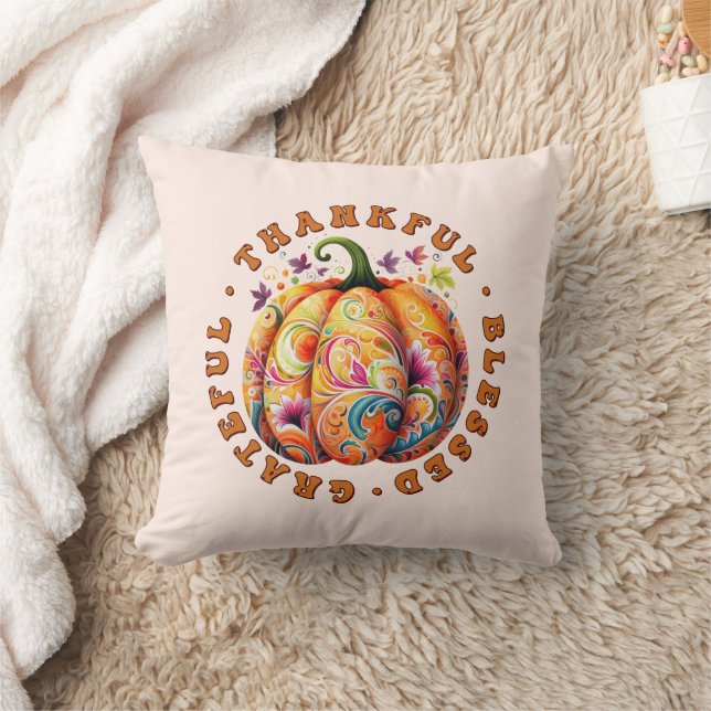 Thankful, Blessed, Grateful Floral Pumpkin Cushion (Blanket)