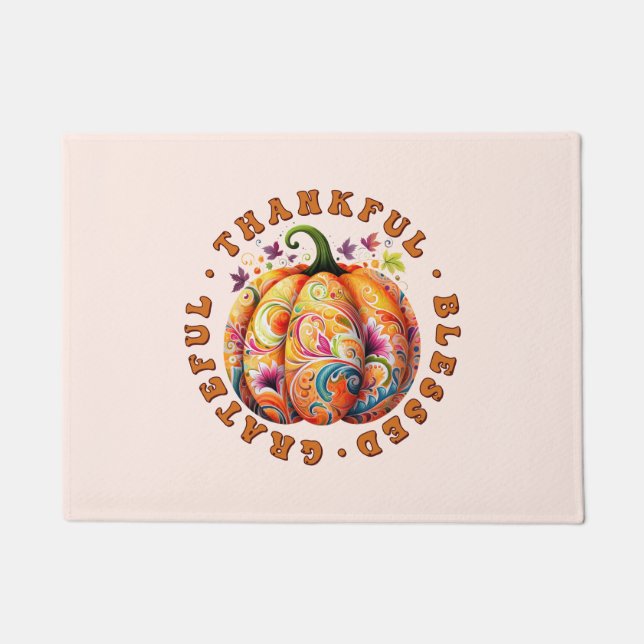 Thankful, Blessed, Grateful Floral Pumpkin Doormat (Front)