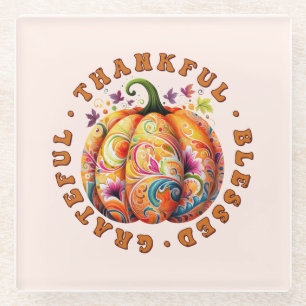Thankful, Blessed, Grateful Floral Pumpkin Glass Coaster