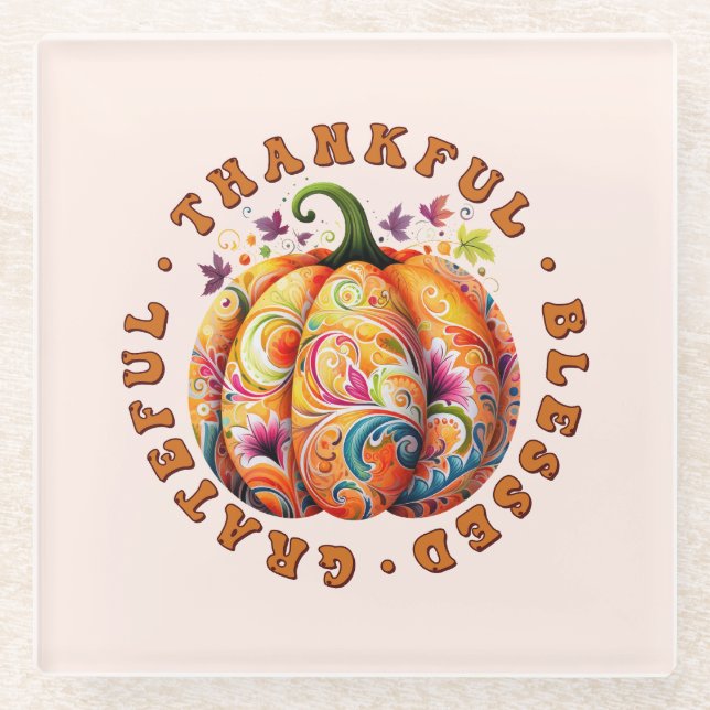 Thankful, Blessed, Grateful Floral Pumpkin Glass Coaster (Front)