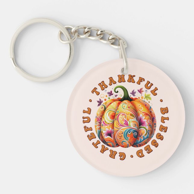 Thankful, Blessed, Grateful Floral Pumpkin Key Ring (Front)