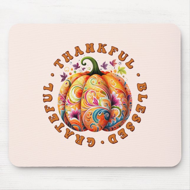 Thankful, Blessed, Grateful Floral Pumpkin Mouse Mat (Front)