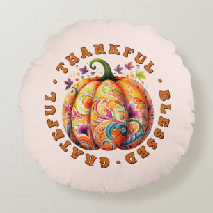 Thankful, Blessed, Grateful Floral Pumpkin Round Cushion