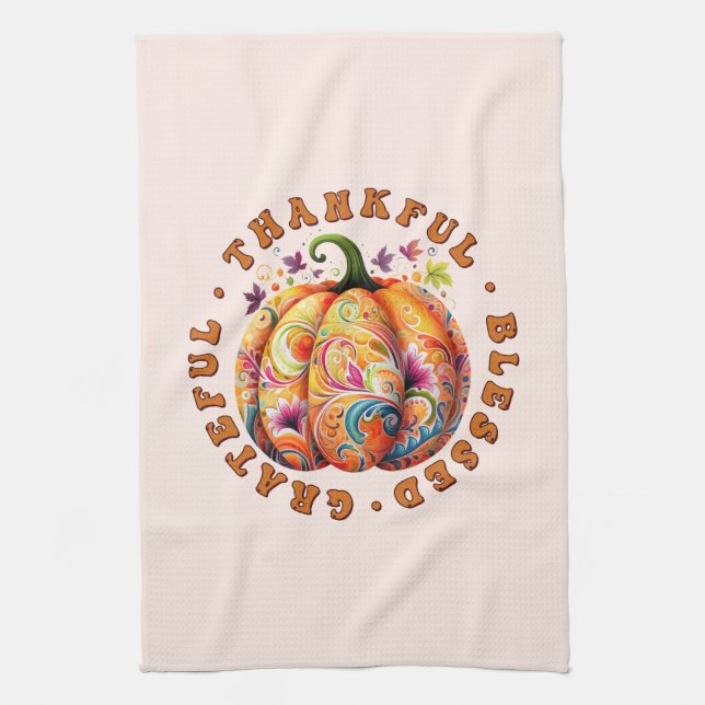 Thankful, Blessed, Grateful Floral Pumpkin Tea Towel (Vertical)